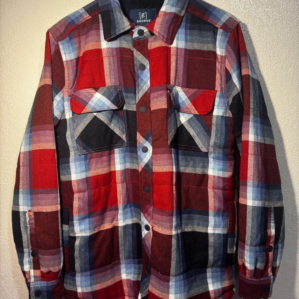 George Men's Plaid Flannel Shirt Jacket “Red Blue” Size Small